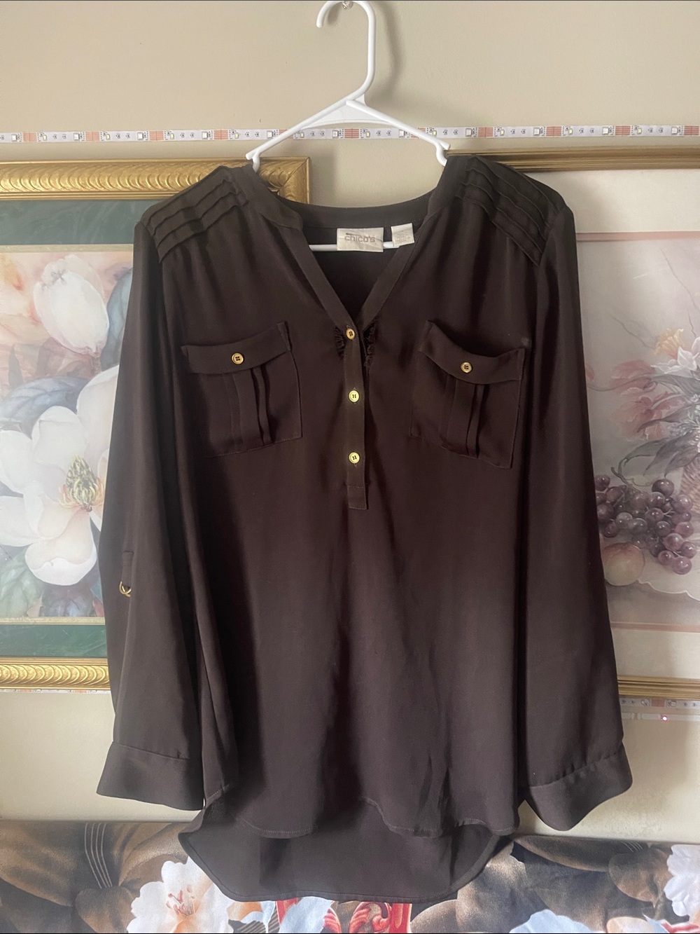 Charming Charlie Black Button-Front Tunic Blouse with Gold Accents